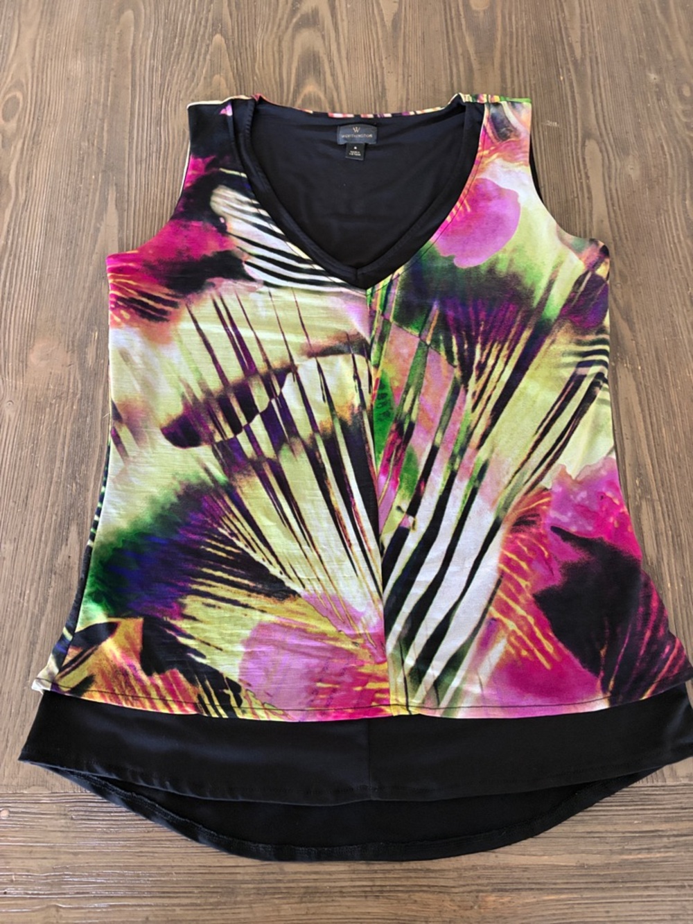 Worthington Multicolor Floral Palm Print V-Neck Tank Top - Black Trim